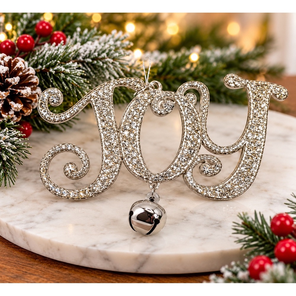 Silver Glitter JOY Script Christmas Ornament Dangling Silver Jingle Bell Tree